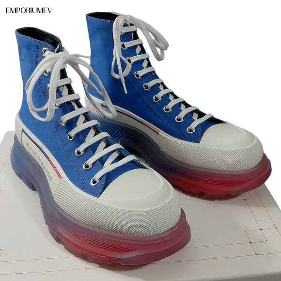 Alexander McQueen Mens Tread Slick Lace-Up Blue Red & White Boots US 11 (0579)